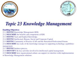 Topic 23 Knowledge Management Enabling Objectives 23.1 DEFINE Knowledge Management (KM)