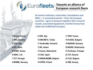 1 Ifremer, France 2 AWI, Germany 3 OGS, Italy 4 IEO, Spain 5 HCMR, Greece 6 NERC, U.K.