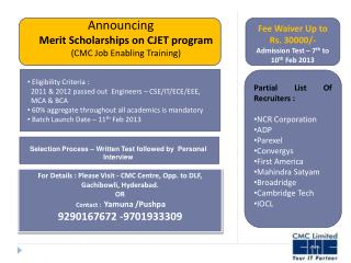 Announcing Merit Scholarships on CJET program (CMC Job Enabling Training)