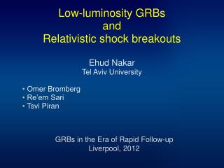 Low-luminosity GRBs and Relativistic shock breakouts Ehud Nakar Tel Aviv University
