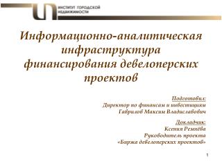 Информационно-аналитическая инфраструктура финансирования девелоперских проектов Подготовил: