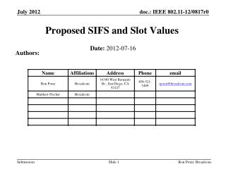 Proposed SIFS and Slot Values