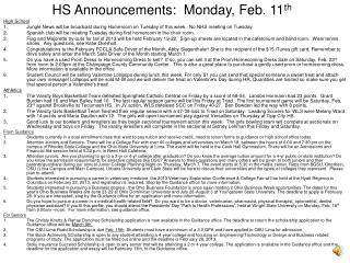 HS Announcements: Monday, Feb. 11 th