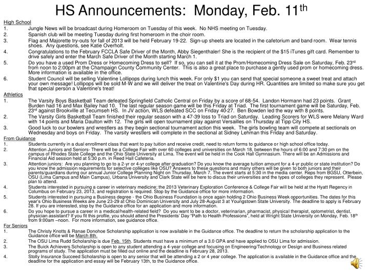 hs announcements monday feb 11 th