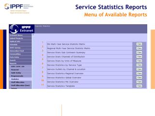 Service Statistics Reports Menu of Available Reports