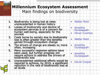 Millennium Ecosystem Assessment Main findings on biodiversity