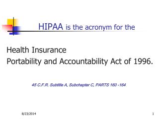 HIPAA is the acronym for the Health Insurance Portability and Accountability Act of 1996.