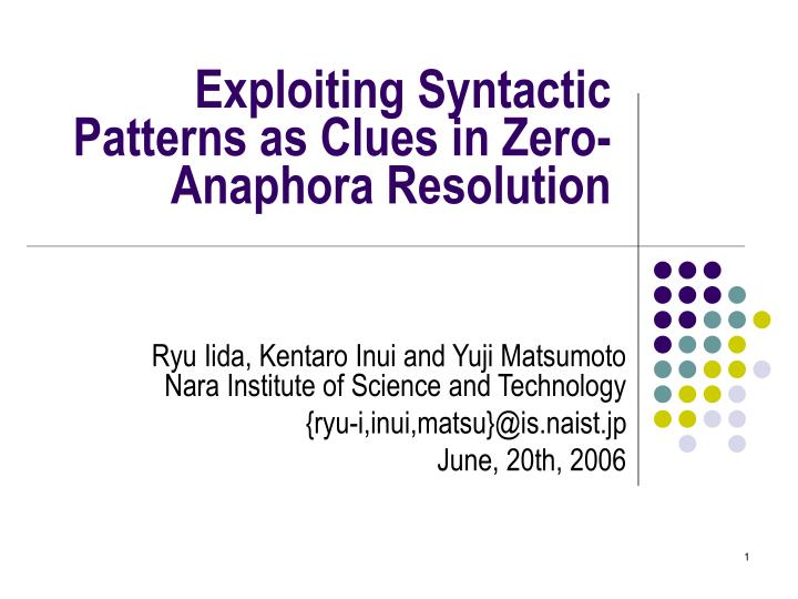 exploiting syntactic patterns as clues in zero anaphora resolution