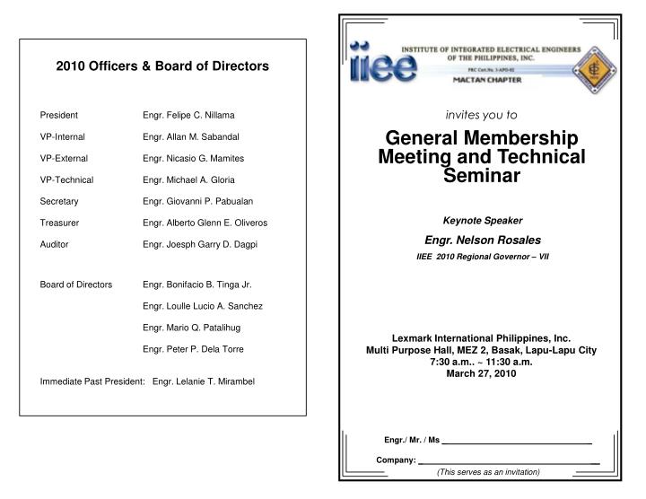 invites you to general membership meeting and technical seminar