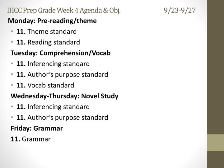 ihcc prep grade week 4 agenda obj 9 23 9 27