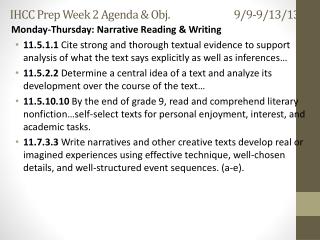 IHCC Prep Week 2 Agenda &amp; Obj. 		9/9-9/13/13