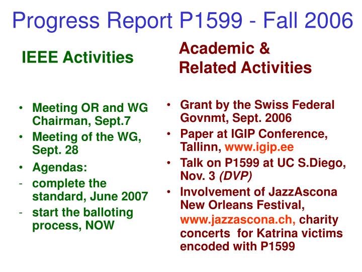 progress report p1599 fall 2006