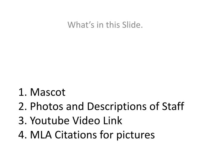 1 mascot 2 photos and descriptions of staff 3 youtube video link 4 mla citations for pictures