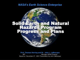 Solid Earth and Natural Hazards Program Progress and Plans