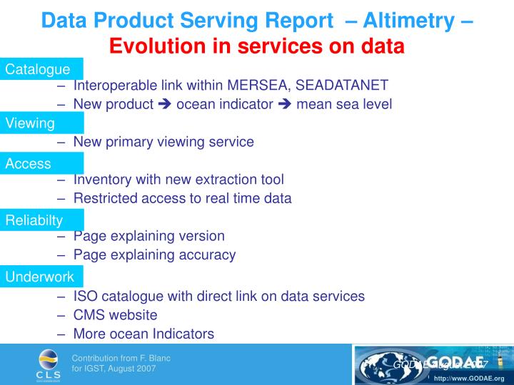 data product serving report altimetry evolution in services on data