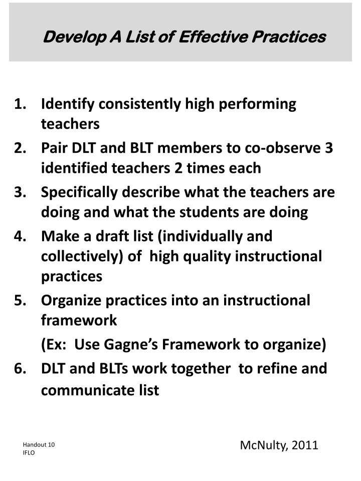 develop a list of effective practices