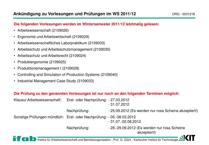 ank ndigung zu vorlesungen und pr fungen im ws 2011 12