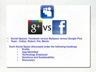 Social Spaces : Facebook versus MySpace versus Google Plus