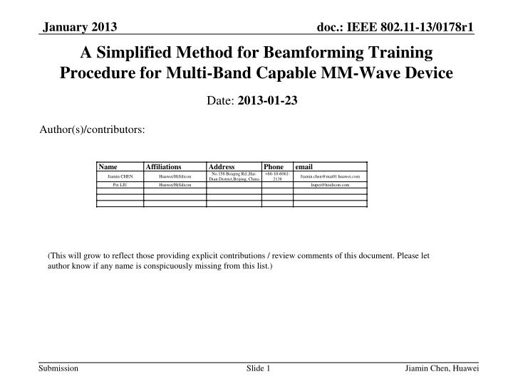 a simplified method for beamforming training procedure for multi band capable mm wave device