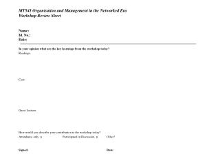 MT541 Organisation and Management in the Networked Era Workshop Review Sheet Name: Id. No.: Date: