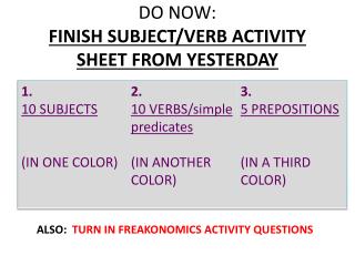 DO NOW : FINISH SUBJECT/VERB ACTIVITY SHEET FROM YESTERDAY