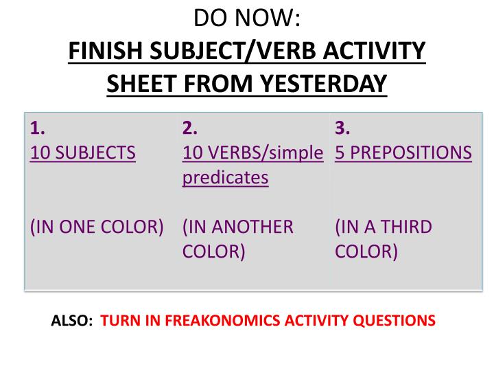 do now finish subject verb activity sheet from yesterday