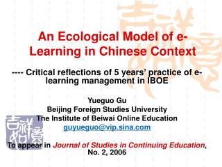 An Ecological Model of e-Learning in Chinese Context