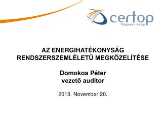 AZ ENERGIHATÉKONYSÁG RENDSZERSZEMLÉLETŰ MEGKÖZELÍTÉSE Domokos Péter vezető auditor