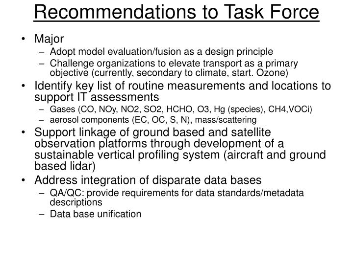 recommendations to task force