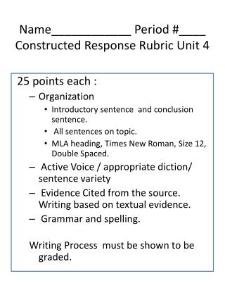 Name____________ Period #____ Constructed Response Rubric Unit 4