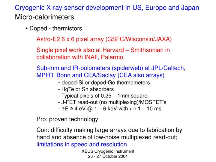 cryogenic x ray sensor development in us europe and japan