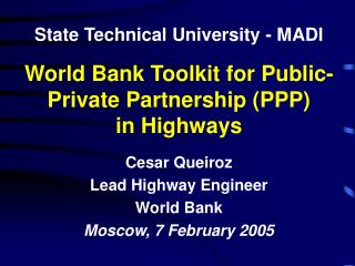World Bank Toolkit for Public-Private Partnership (PPP) in Highways