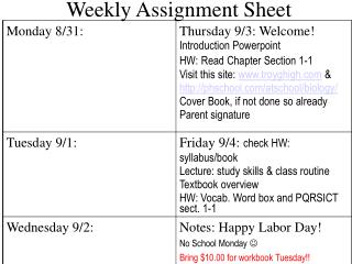 weekly assignment sheet