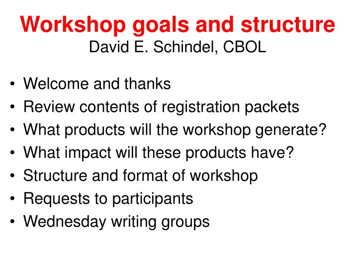 workshop goals and structure david e schindel cbol