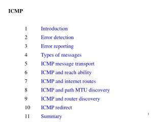 ICMP 	1 	 Introduction 	2 	 Error detection 	3 	 Error reporting 	4 	 Types of messages