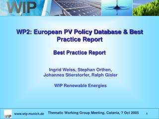 WP2: European PV Policy Database &amp; Best Practice Report Best Practice Report