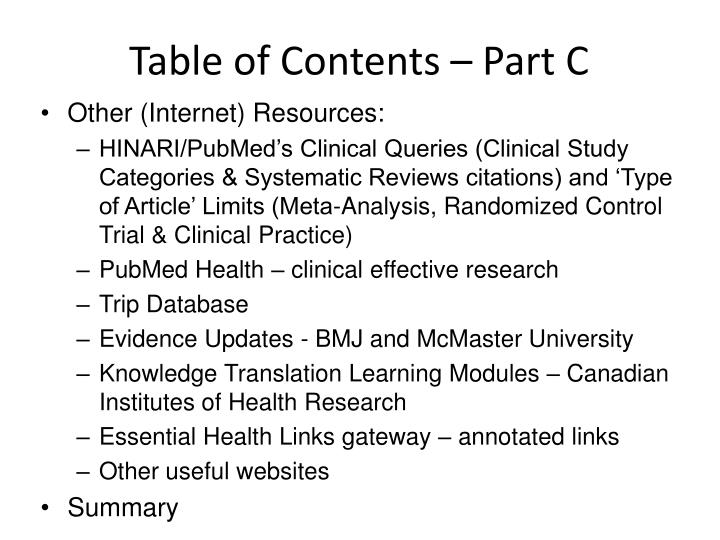 table of contents part c