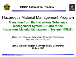 Hazardous Material Management Program Transition from the Hazardous Substance