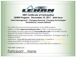 FOR HRIP Certificant: Participant Name