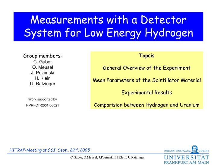 measurements with a detector system for low energy hydrogen