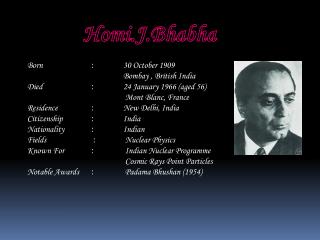 Born 		: 	 30 October 1909 Bombay , British India Died : 	 24 January 1966 (aged 56)