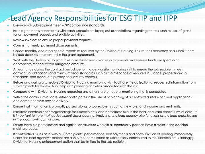 lead agency responsibilities for esg thp and hpp