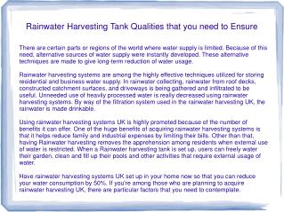 Rainwater Harvesting Tank Qualities that you need to Ensure