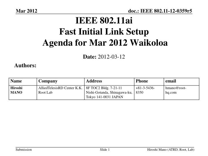 ieee 802 11ai fast initial link setup agenda for mar 2012 waikoloa