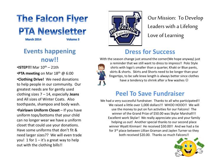 the falcon flyer pta newsletter march 2014 volume 3