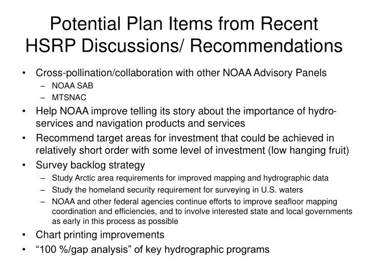 potential plan items from recent hsrp discussions recommendations