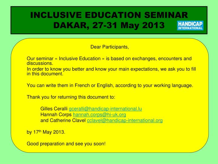 inclusive education seminar dakar 27 31 may 2013