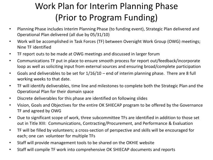 work plan for interim planning phase prior to program funding