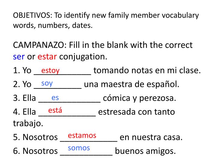 objetivos to identify new family member vocabulary words numbers dates