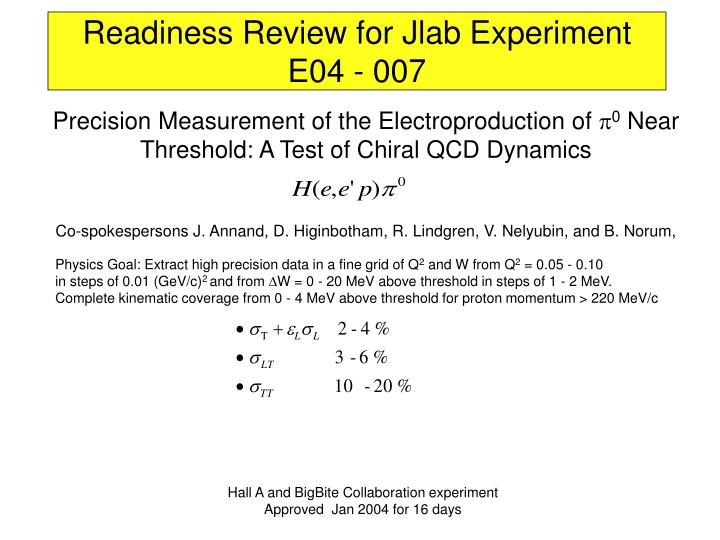 readiness review for jlab experiment e04 007